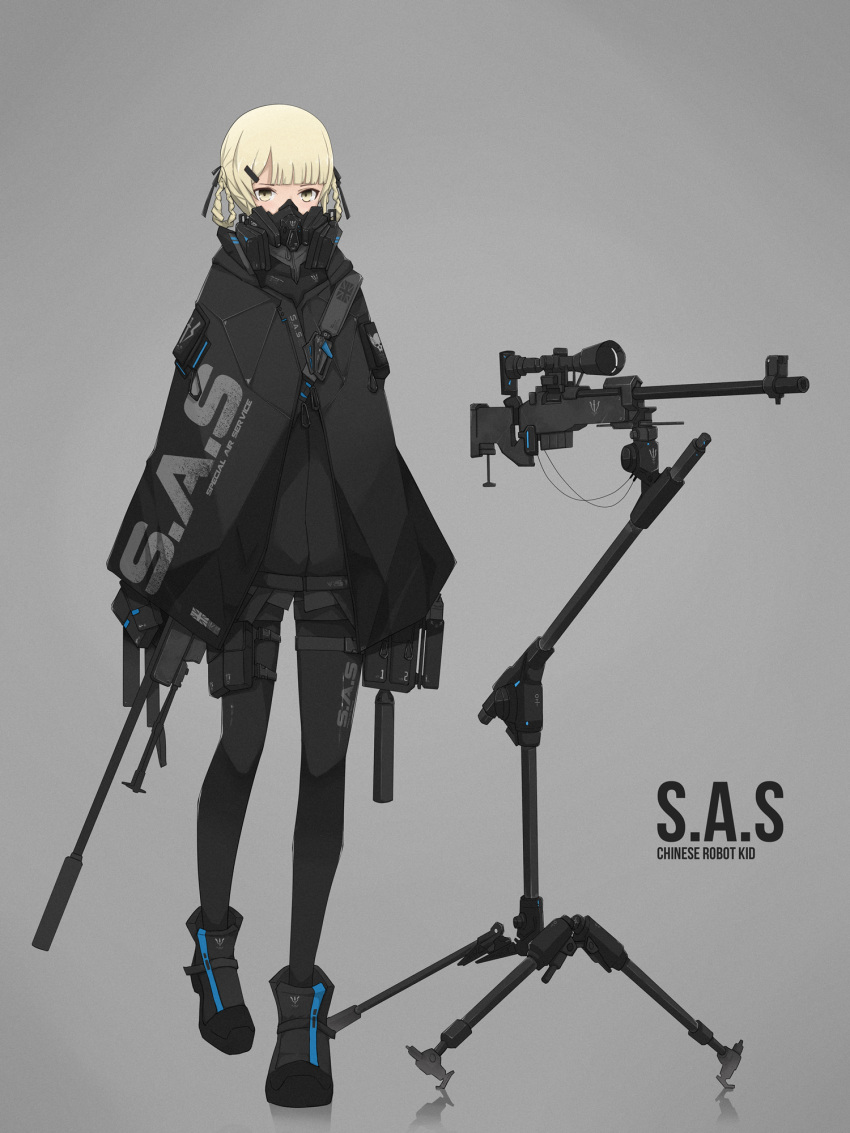 1girl, black_footwear, black_jacket, black_legwear, blonde_hair, chinese_robot_kid, grey_background, gun
