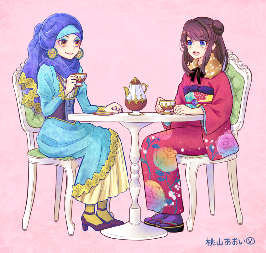 2girls, artist_name, blue_eyes, brown_eyes, brown_hair, double_bun, dress, earrings