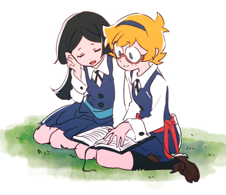 2girls, adjusting_hair, arm_support, bangs, barbara_parker, belt, black_hair, black_legwear