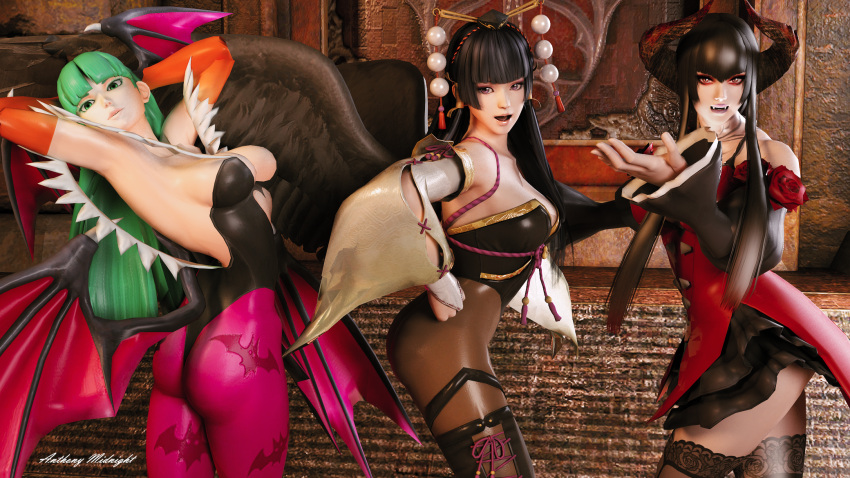 3d, 3girls, arms_behind_back, ass, bandai_namco, bangs, bare_shoulders, bat