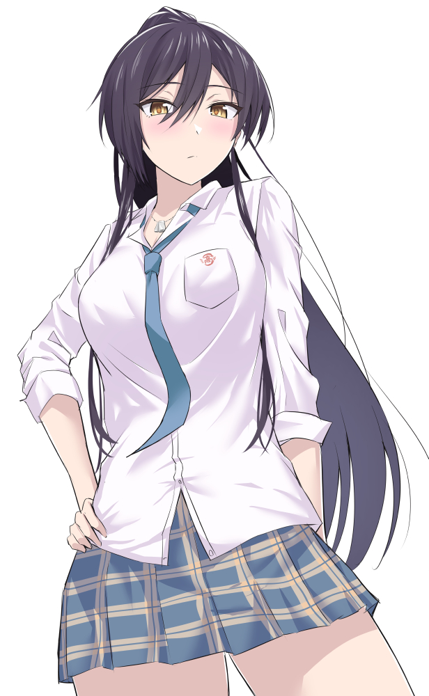 1girl, bangs, black_hair, blush, breasts, eyebrows_visible_through_hair, hair_between_eyes, hand_on_hip, idolmaster, idolmaster_shiny_colors, jewelry, large_breasts, long_hair, looking_at_viewer, looking_down, matsunaga_garana, miniskirt, necklace, necktie, plaid, plaid_skirt, pleated_skirt, ponytail, school_uniform, shirase_sakuya, shirt, simple_background, skirt, sleeves_rolled_up, solo, yellow_eyes