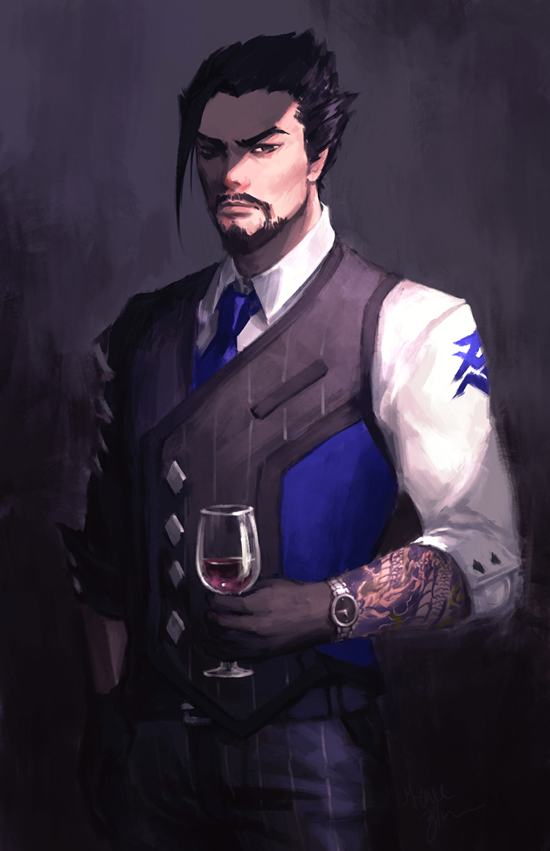 1boy, arm_tattoo, beard, black_hair, commentary, cup, drinking_glass, facial_hair, formal, hand_in_pocket, hanzo_(overwatch), highres, looking_at_viewer, male_focus, necktie, overwatch, penthesilence, portrait, scion_hanzo, shade, sleeves_pushed_up, solo, suit, tattoo, vest, watch, watch, wine_glass