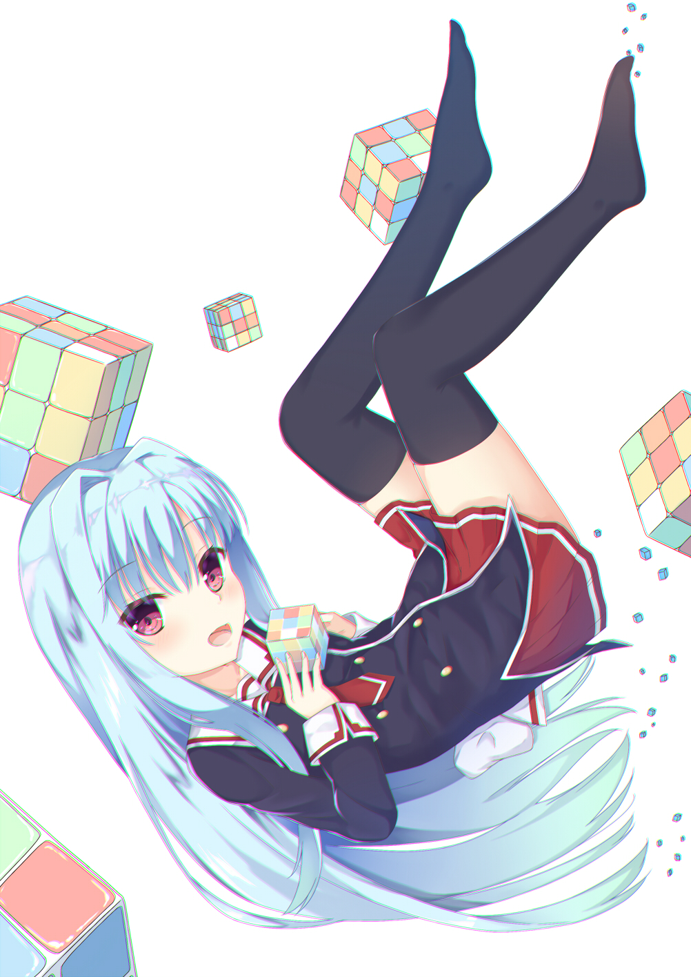 1girl, aroma0501, bangs, black_legwear, black_shirt, blue_hair, blush, bow