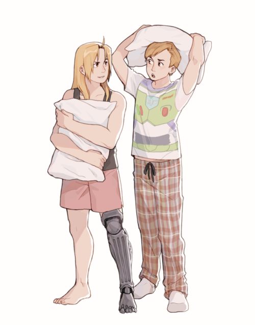 2boys, alphonse_elric, automail, barefoot, black_shirt, blonde_hair, brothers, buzz_lightyear, buzz_lightyear_(cosplay), commentary, disney, edward_elric, full_body, fullmetal_alchemist, image_sample, long_hair, looking_at_viewer, male_focus, multiple_boys, open_mouth, pajamas, pants, pillow, pixar, shirt, short_hair, shorts, siblings, simple_background, sleeveless, smile, socks, standing, toy_story, tumblr_sample, white_background, white_shirt