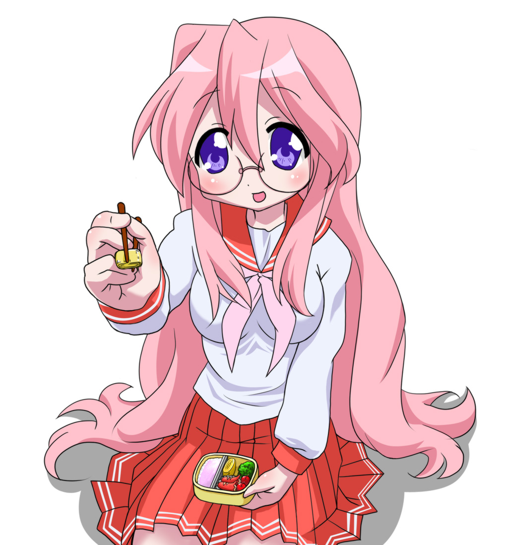 food, glasses, long_hair, lucky_star, obento, obentou, omelet, pink_hair