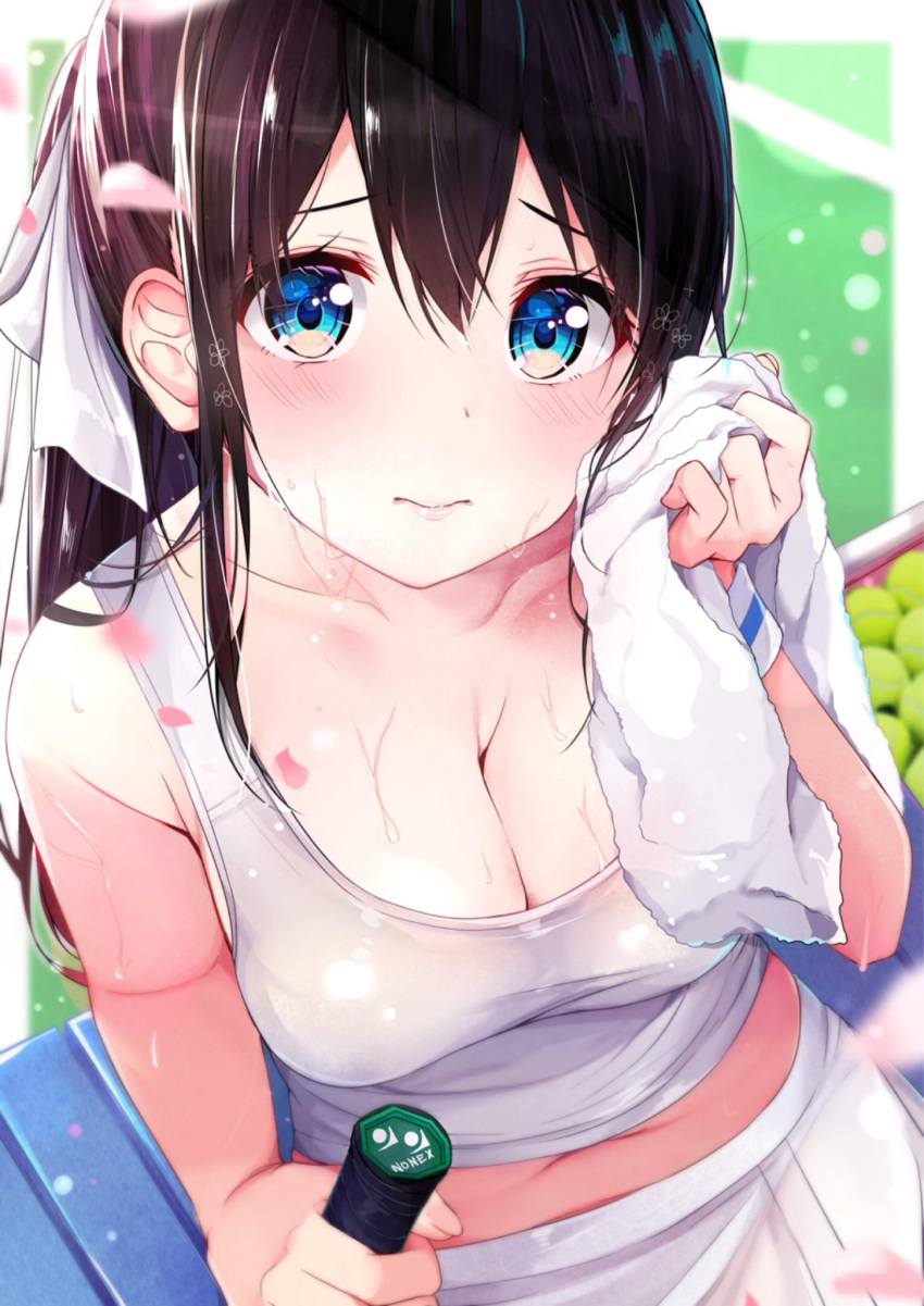 1girl, 3:, ball, bangs, black_hair, blue_eyes, blurry, blurry_background