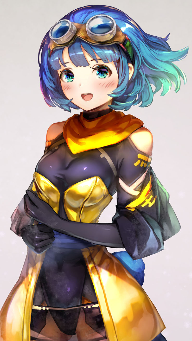 1girl, bangs, blue_hair, blunt_bangs, blush, breasts, cowboy_shot, dragon_quest, dragon_quest_x, eyelashes, gloves, goggles, goggles_on_head, green_eyes, grey_background, hands_together, highres, kawamatsu_yoshinori, long_sleeves, looking_at_viewer, medium_breasts, multicolored_hair, open_mouth, orange_scarf, scarf, seraphy_(dq10), short_hair, simple_background, skin_tight, solo, upper_teeth