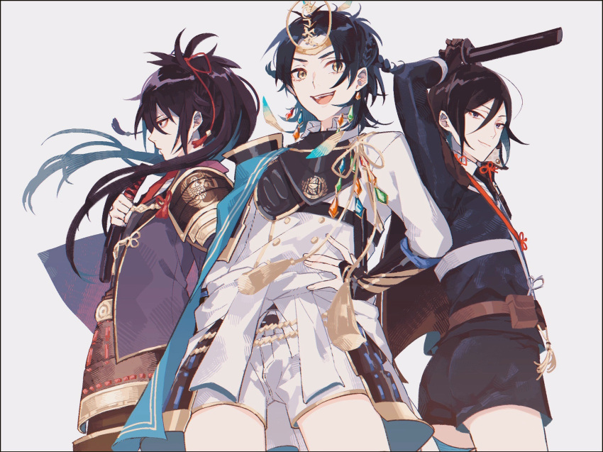 3boys, armor, black_border, black_gloves, black_hair, blue_hair, border, braid
