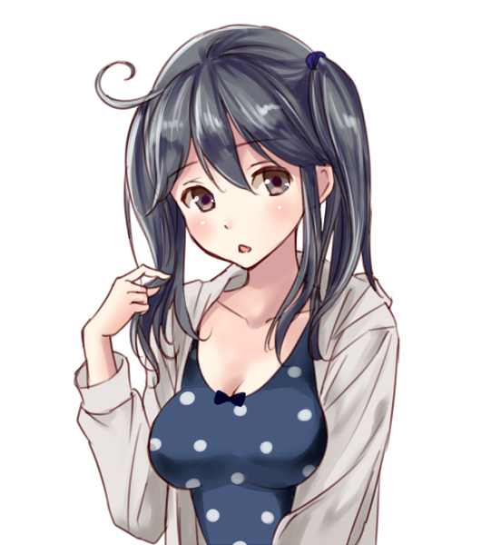 1girl, :o, ahoge, alternate_hairstyle, bangs, black_hair, black_swimsuit, blush