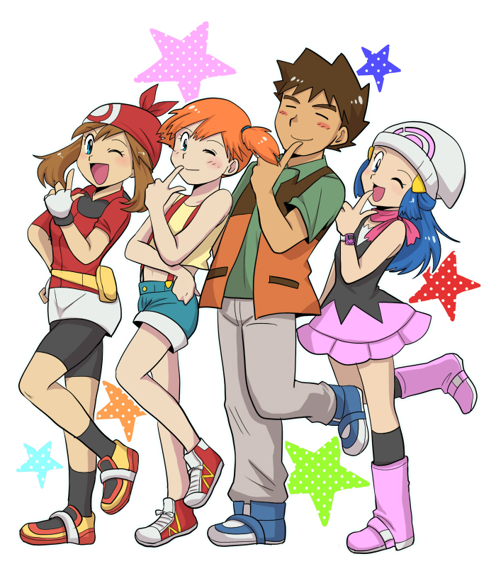 1boy, 3girls, :d, bandanna, bike_shorts, black_legwear, black_shorts, blue_eyes, blue_footwear, blue_hair, blush_stickers, brown_hair, closed_eyes, dress, gintarou_(puipuiginta), grey_pants, haruka_(pokemon), hat, kasumi_(pokemon), kneehighs, long_hair, looking_at_viewer, multiple_girls, one_eye_closed, open_mouth, orange_hair, pants, pink_footwear, pokemon, red_footwear, shoes, short_hair, short_shorts, shorts, smile, sneakers, socks, standing, standing_on_one_leg, star, suspenders, takeshi_(pokemon)
