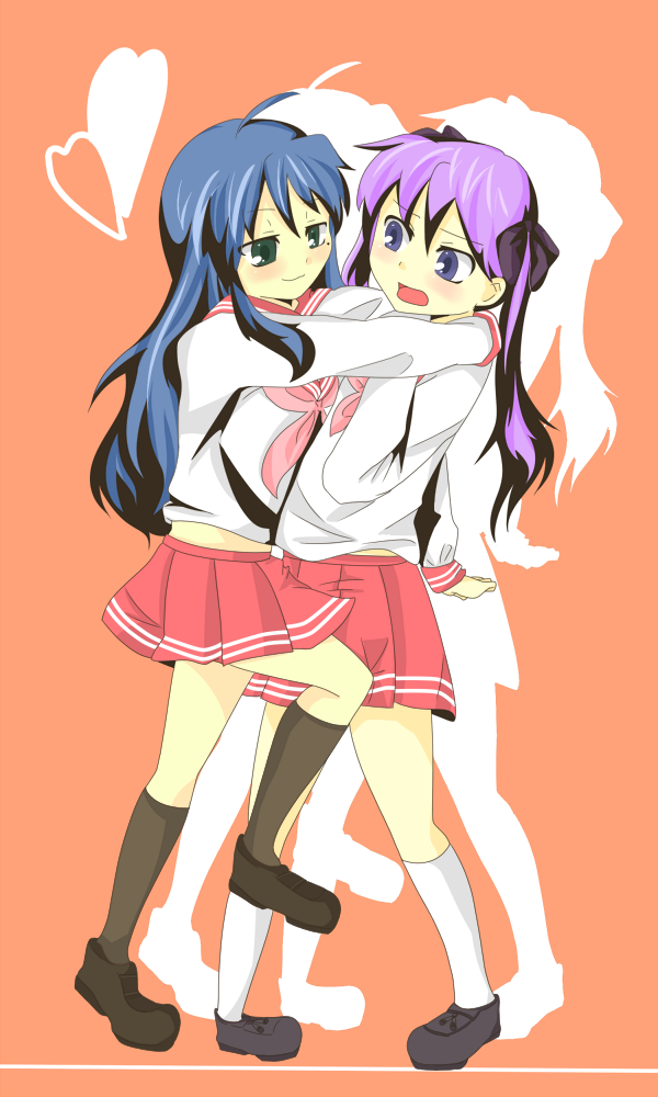 amamizu_(air1012), hiiragi_kagami, hug, izumi_konata, lucky_star, school_uniform, serafuku