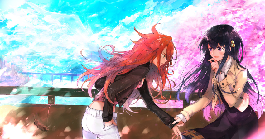 2girls, :d, black_hair, blush, dress, feathers, green_eyes, hair_ornament