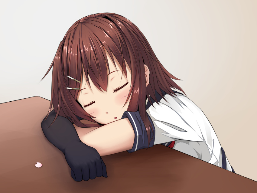 1girl, bangs, black_gloves, blush, brown_hair, closed_eyes, desk, elbow_gloves