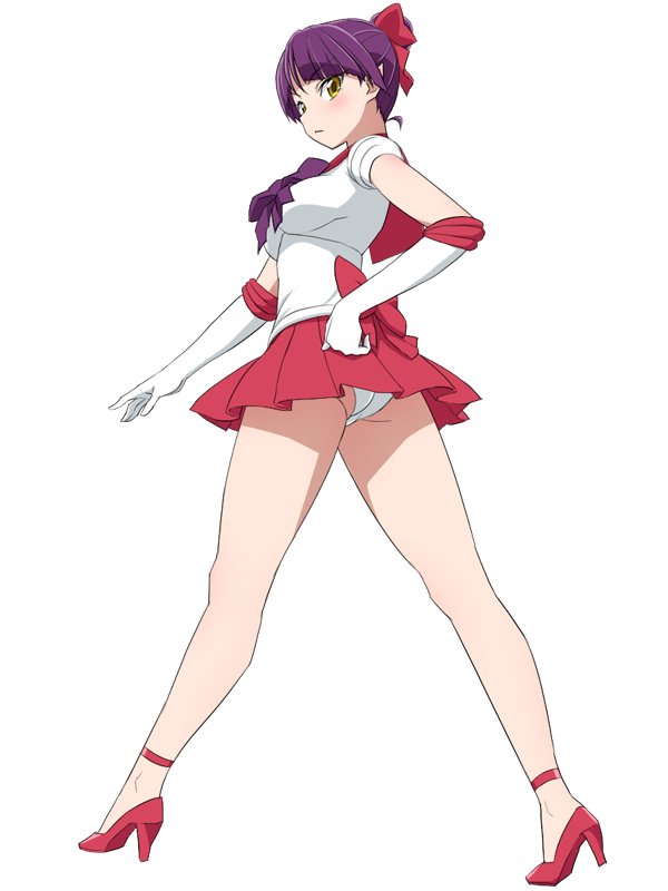1girl, bishoujo_senshi_sailor_moon, bow, choker, color_connection, cosplay, elbow_gloves, full_body, gegege_no_kitarou, gloves, high_heels, looking_at_viewer, magical_girl, nekomusume_(gegege_no_kitarou_6), panties, pantyshot, pink_bow, pointy_ears, pose, purple_bow, purple_hair, red_choker, red_footwear, red_sailor_collar, sailor_collar, sailor_mars, sailor_mars_(cosplay), sailor_senshi_uniform, simple_background, solo, standing, umi_no_tarako, underwear, white_background, white_gloves, yellow_eyes