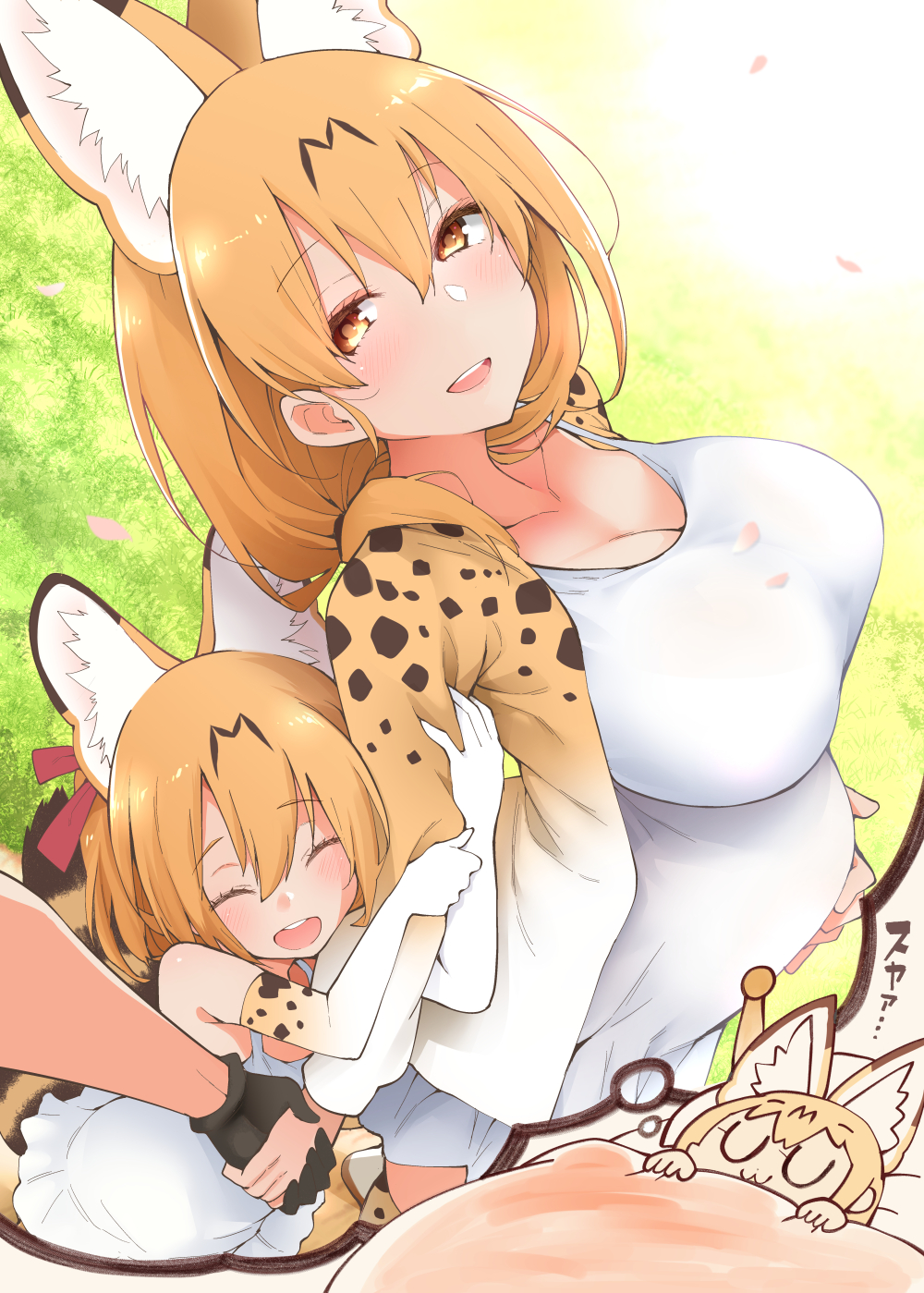 3girls, :3, :d, animal_ears, bkub_(style), black_gloves, blush, breasts