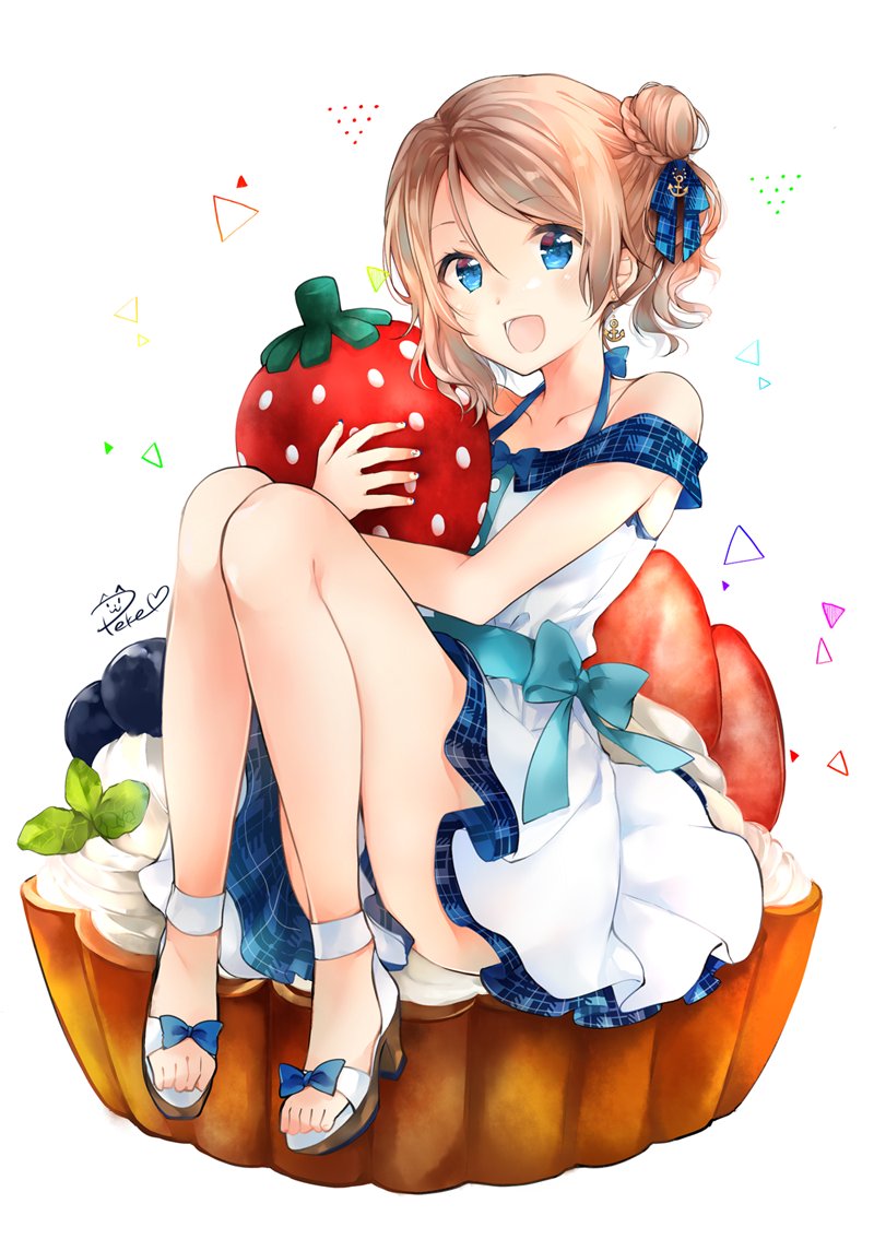1girl, :d, alternate_hairstyle, anchor_earrings, anchor_hair_ornament, ankle_strap, artist_name, blue_eyes