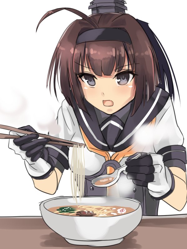 1girl, akizuki_(kantai_collection), black_hair, chicken_(chickenx), chopsticks, food, gloves, grey_eyes