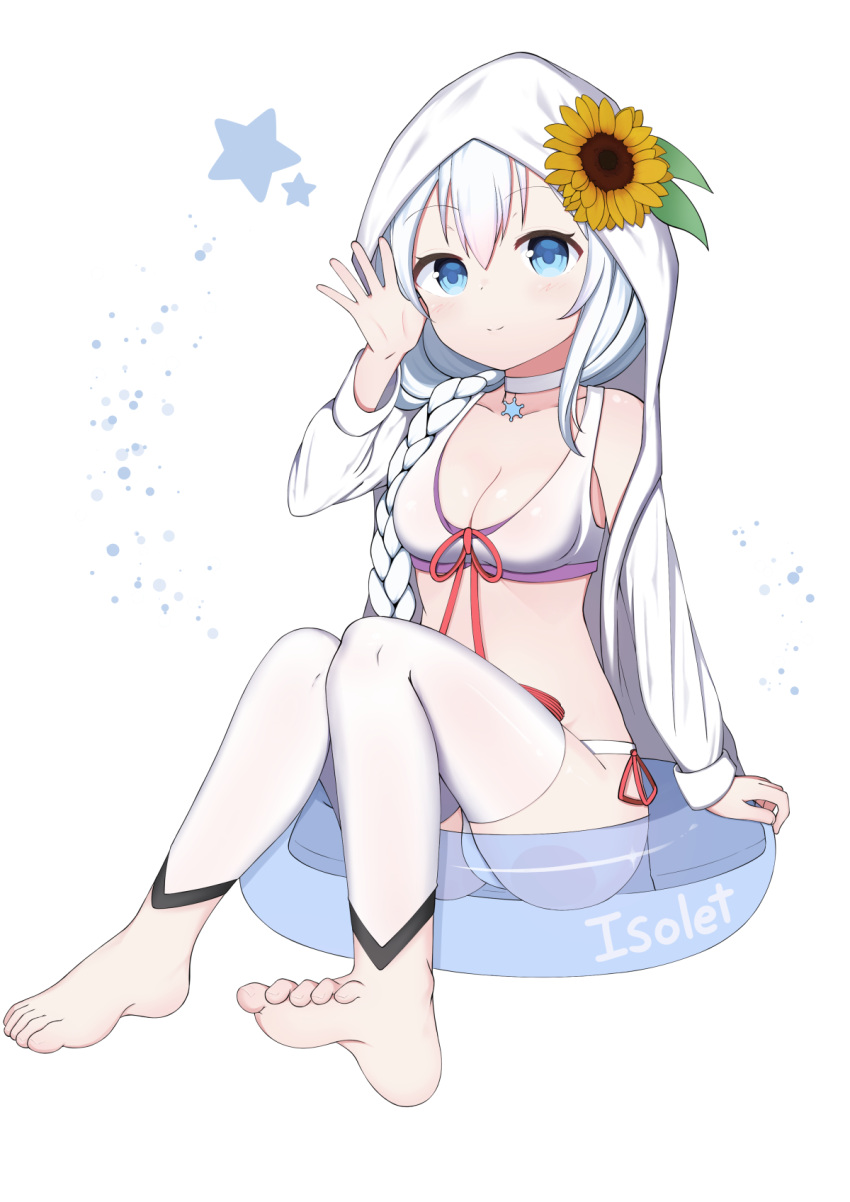 1girl, arm_support, bangs, bikini, blue_eyes, blush, braid, breasts