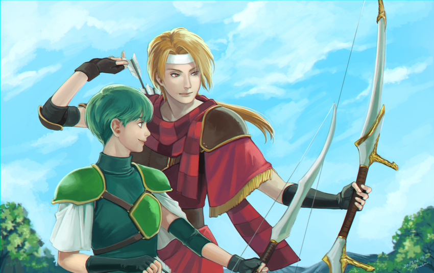 2boys, annelie, arrow, artist_name, blonde_hair, bow_(weapon), brown_eyes, dated