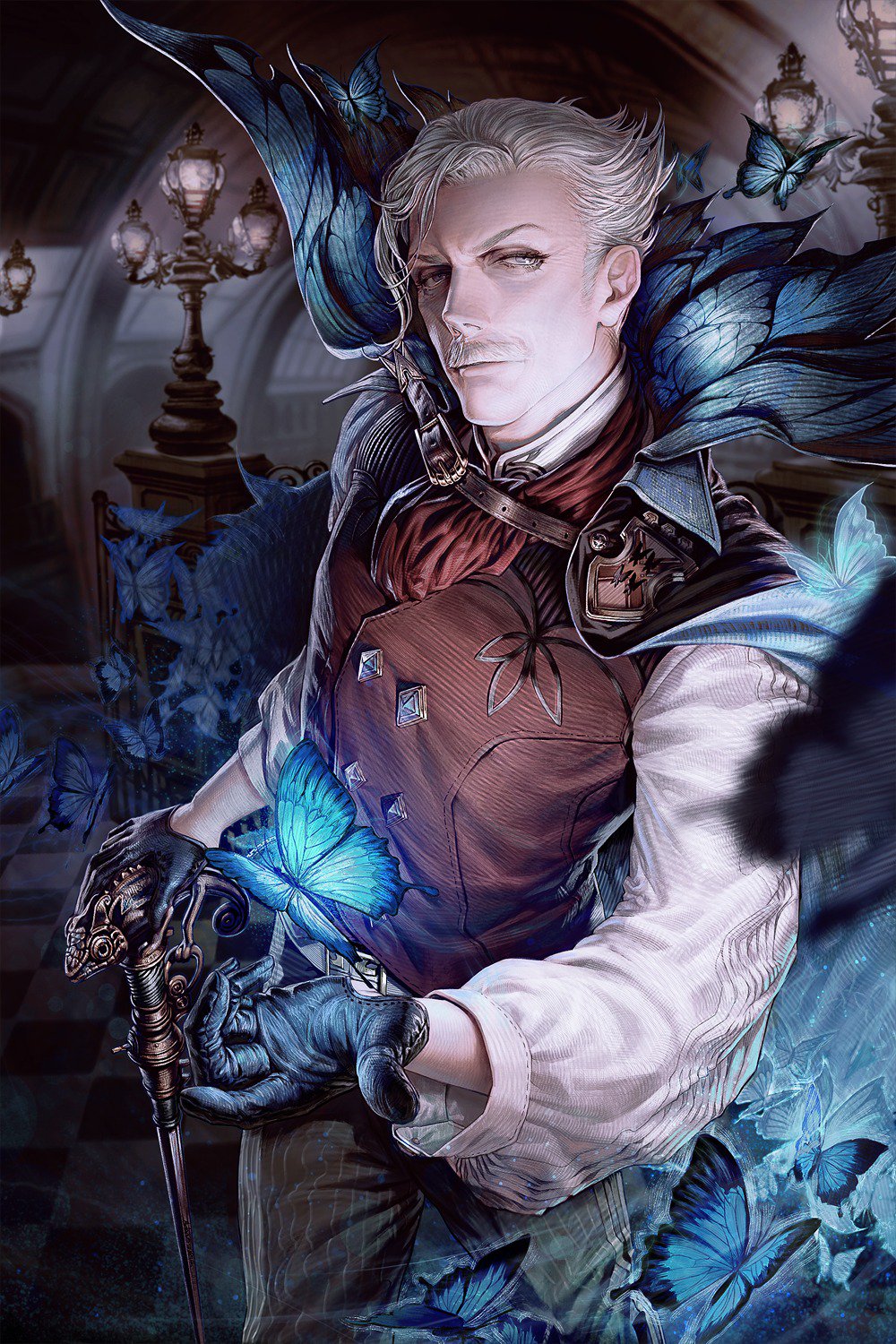 1boy, animal, baharux, belt, belt_buckle, black_cape, black_pants, blurry