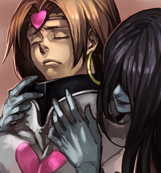2girls, armor, bangs, black_hair, black_lips, blue_skin, breastplate, brown_hair