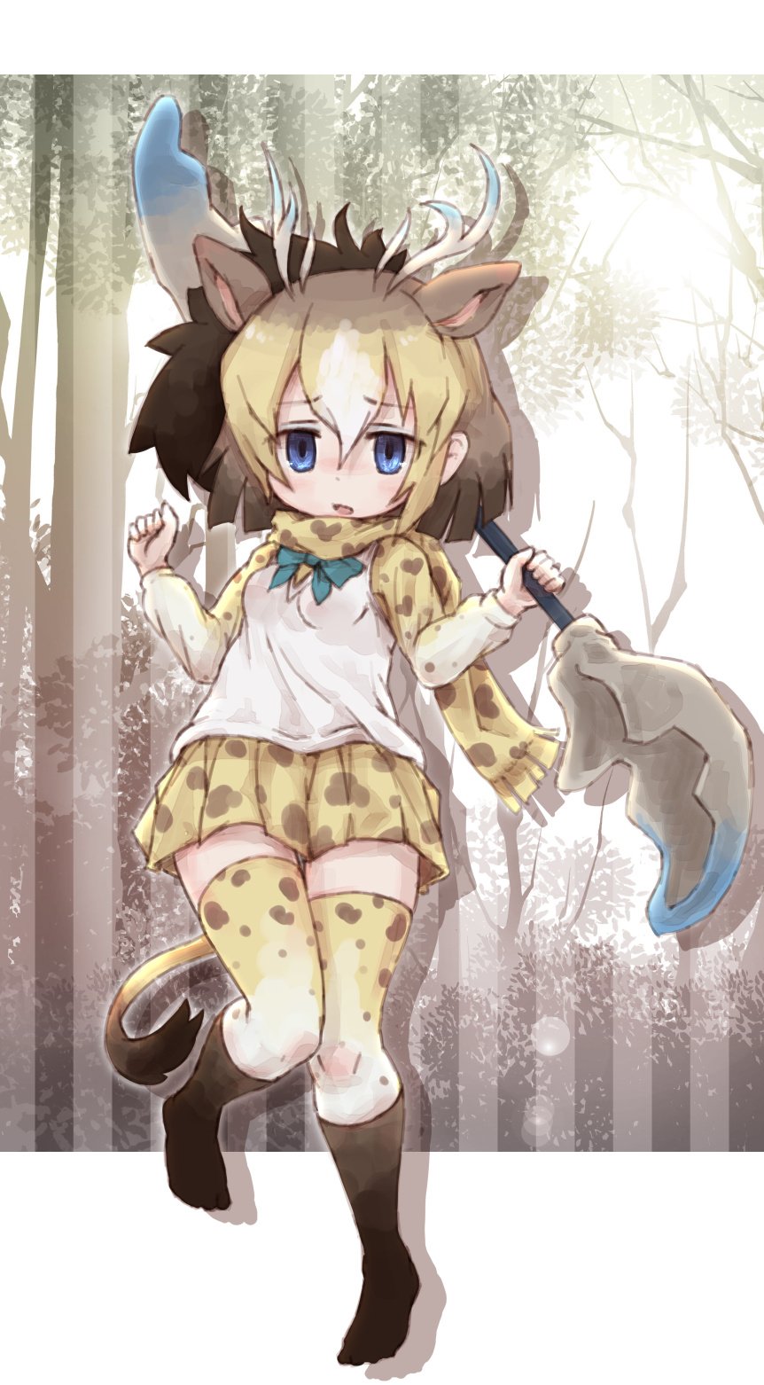 1girl, animal_ears, animal_print, blonde_hair, blue_eyes, blue_neckwear, bow, bowtie