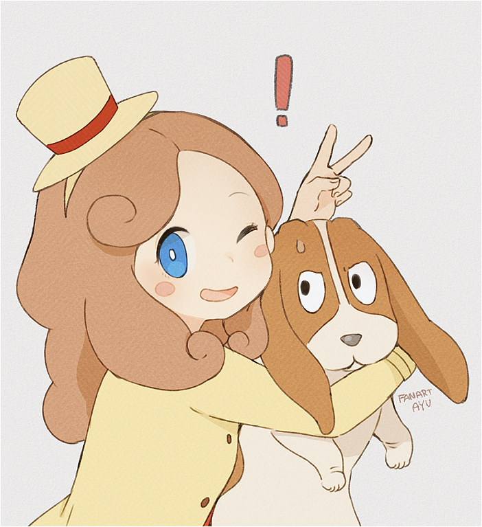 !, 1girl, :d, animal, animal_hug, ayu_(mog), blue_eyes, blush_stickers, bright_pupils, brown_hair, bunny_ears_prank, dog, fingernails, grey_background, hairband, hand_up, hat, katrielle_layton, layton's_mystery_journey, mini_hat, one_eye_closed, open_mouth, professor_layton, sharo, signature, simple_background, smile, solo, top_hat