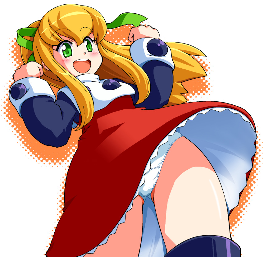 1girl, :d, blonde_hair, blush, clenched_hands, dress, green_eyes, hair_ribbon