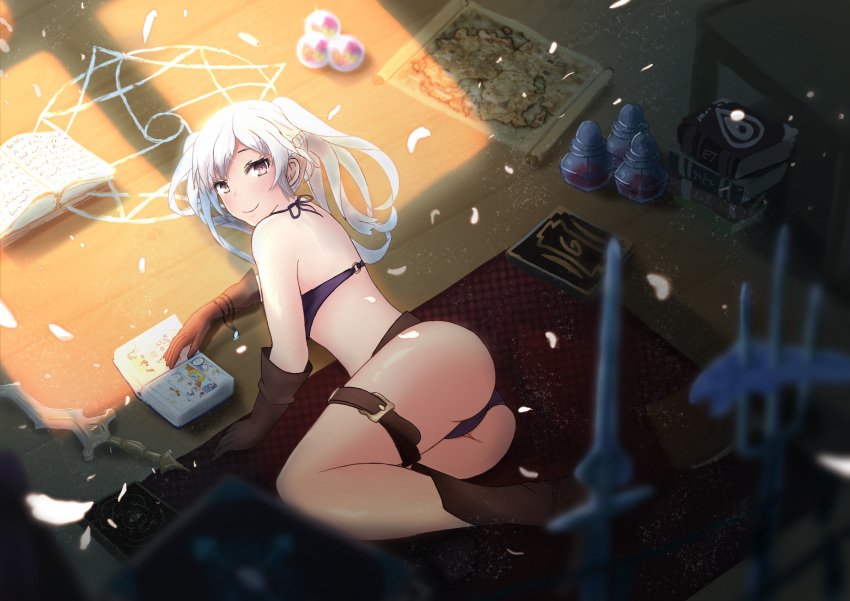 1girl, absurdres, ass, bikini, book, boots, brown_eyes, brown_gloves