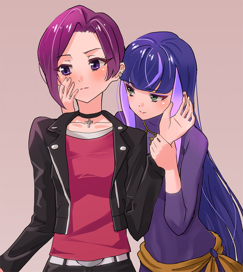 2girls, aikatsu!_(series), aikatsu_stars!, blush, choker, earrings, fujimo_ruru, green_eyes