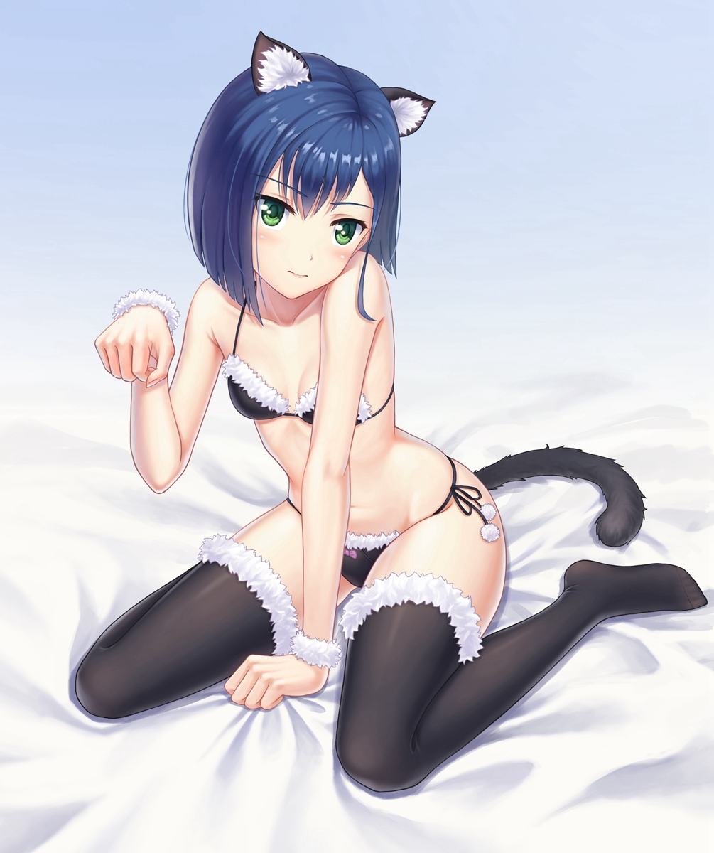 1girl, animal_ears, bed_sheet, black_bra, black_legwear, black_panties, blue_hair, bra