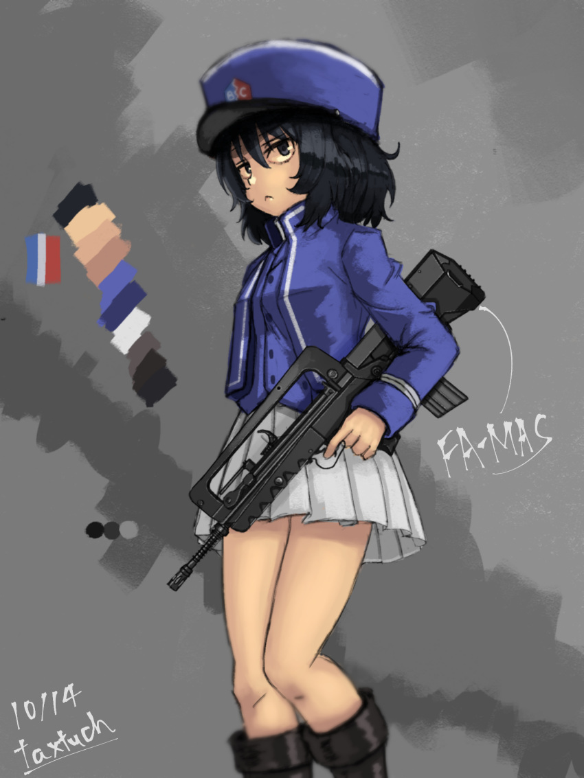 1girl, andou_(girls_und_panzer), artist_name, assault_rifle, bangs, bc_freedom_(emblem), bc_freedom_military_uniform, black_footwear