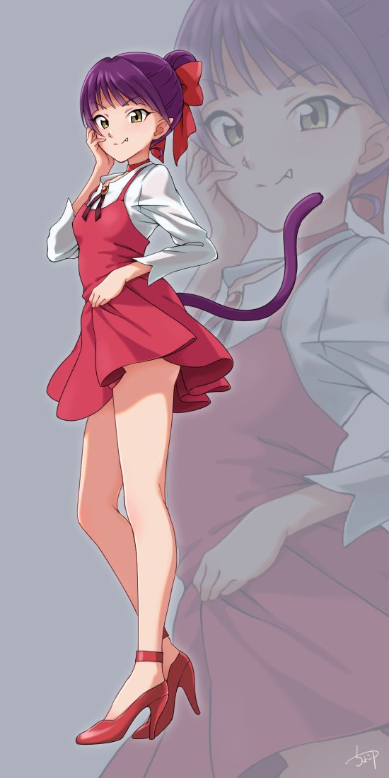 1girl, blush, bow, chocokin, dress, gegege_no_kitarou, hair_bow, high_heels, looking_at_viewer, nekomusume, nekomusume_(gegege_no_kitarou_6), pointy_ears, purple_hair, red_bow, red_dress, short_hair, yellow_eyes
