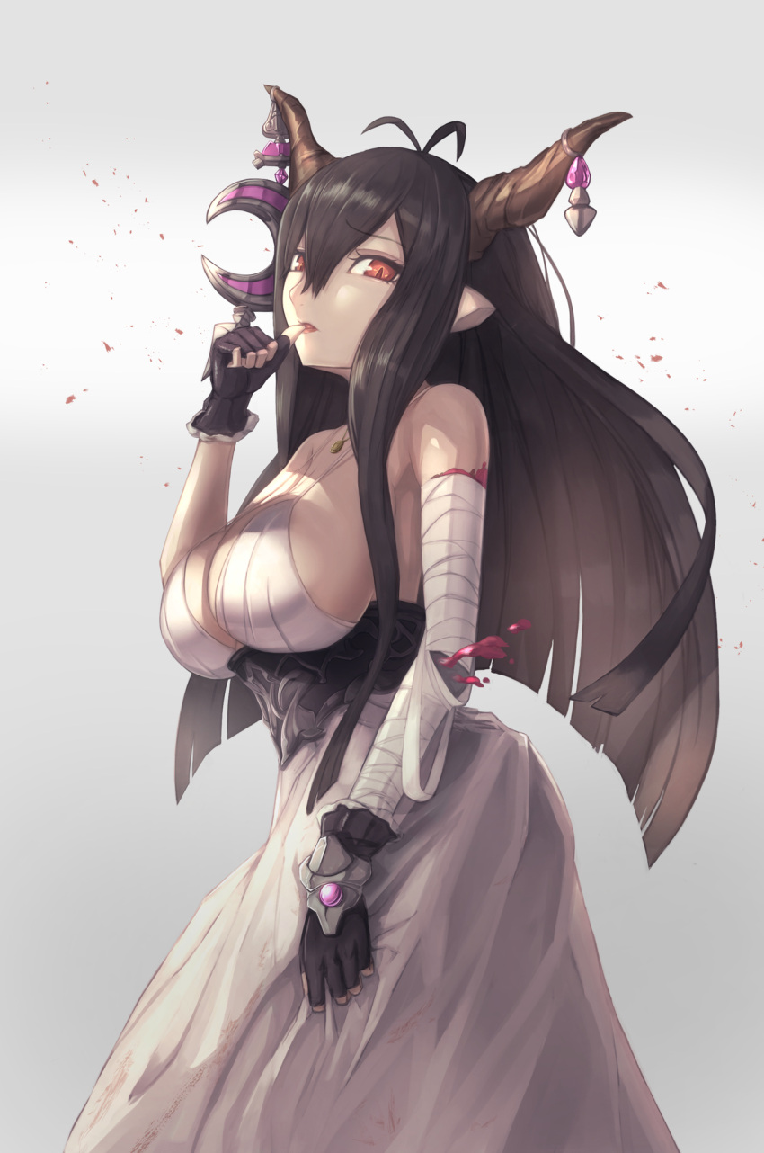 1girl, announ_(kurotya), antenna_hair, bandage, bandaged_arm, bare_shoulders, biting, black_gloves