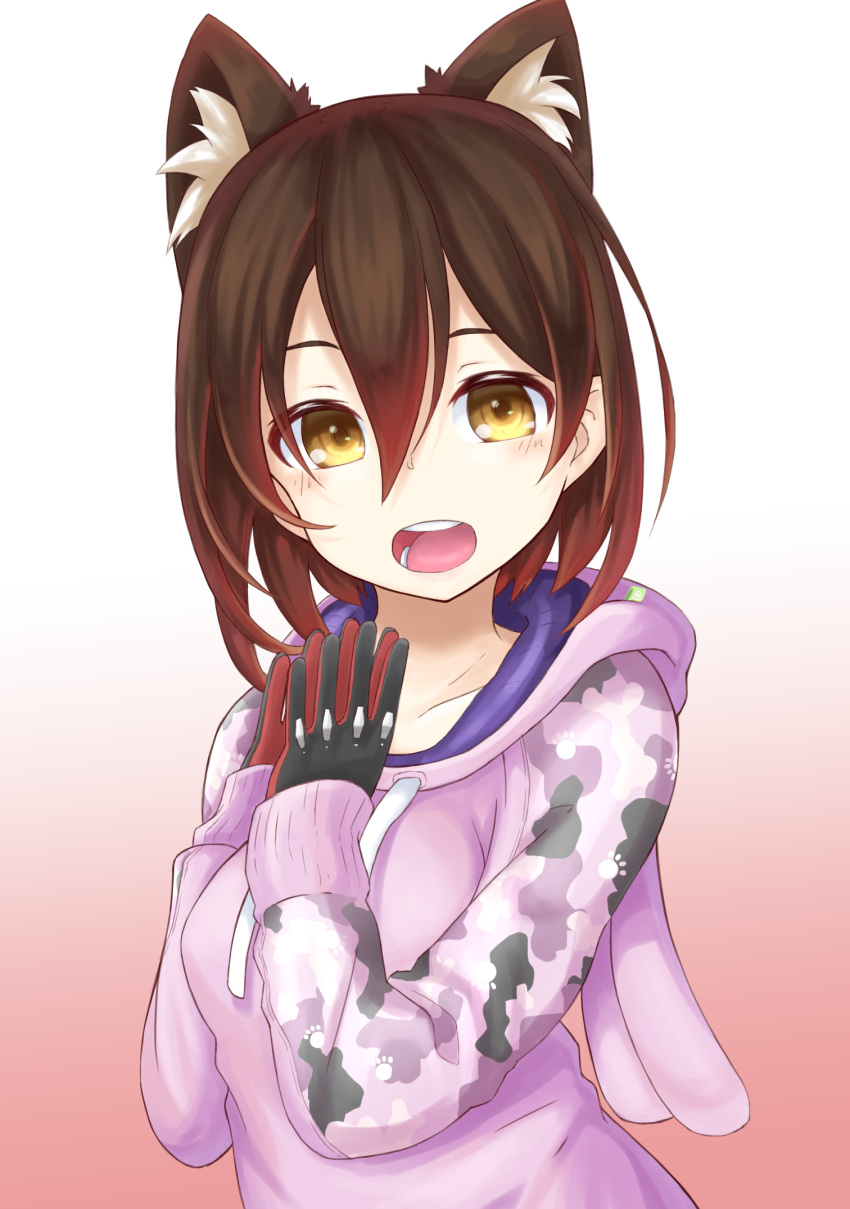 animal_ears, blush, breasts, brown_hair, camouflage_hoodie, collarbone, hands_together, highres