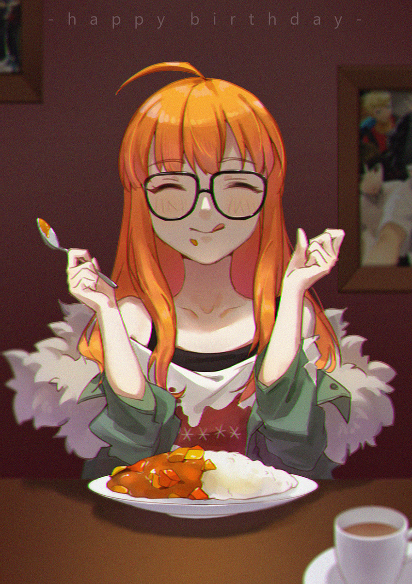 1girl, :q, ^_^, ahoge, bangs, bare_shoulders, black-framed_eyewear, blush, chromatic_aberration, closed_eyes, closed_mouth, collarbone, cup, curry, curry_rice, eating, eyebrows_visible_through_hair, facing_viewer, food, food_on_face, fur-trimmed_jacket, fur_trim, glasses, green_jacket, happy, happy_birthday, highres, holding, holding_spoon, indoors, jacket, long_hair, long_sleeves, off_shoulder, open_clothes, open_jacket, orange_hair, persona, persona_5, picture_(object), picture_frame, print_shirt, rice, sakura_futaba, shiny, shiny_hair, shirt, smile, smile_(mm-l), solo, table, tea, teacup, tongue, tongue_out, upper_body, white_shirt