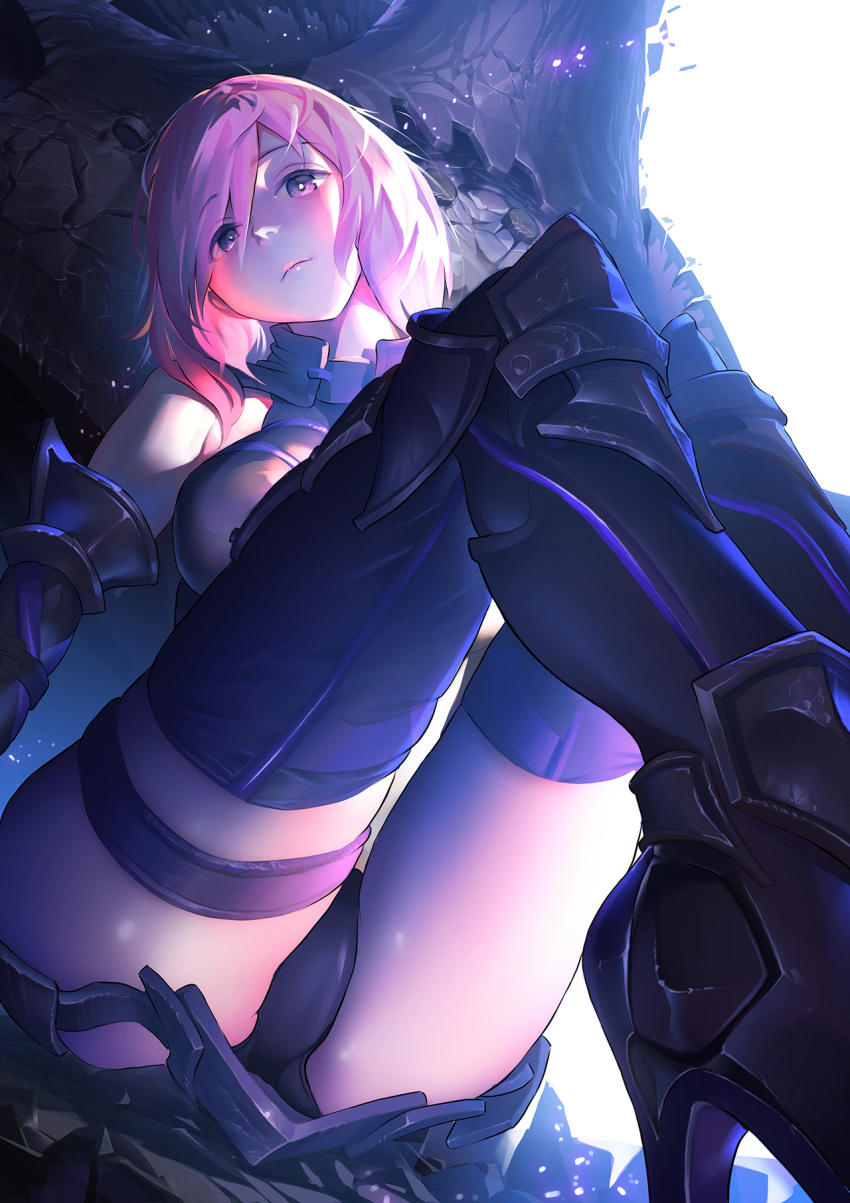 1girl, armor, armored_dress, bare_shoulders, black_legwear, boots, eyebrows_visible_through_hair, fate/grand_order, fate_(series), hair_over_one_eye, high_heel_boots, high_heels, highres, looking_at_viewer, mash_kyrielight, nene_(taiwan), pink_eyes, pink_hair, short_hair, sitting, solo, thigh-highs, thigh_strap