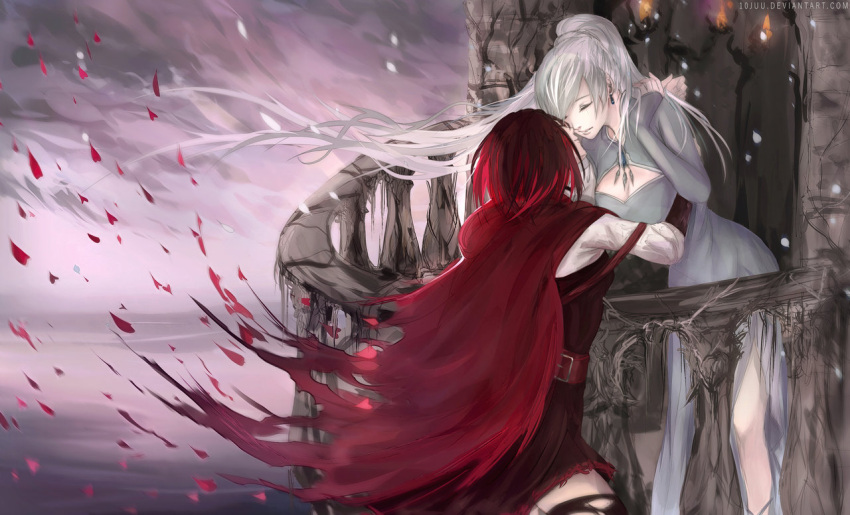 10juu, 2girls, belt, breasts, cape, cleavage, closed_eyes, dusk