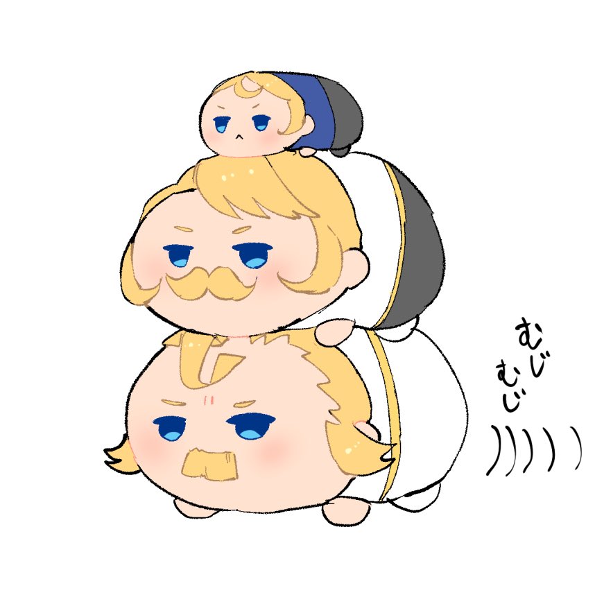 3boys, :<, blonde_hair, blue_eyes, facial_hair, fate/apocrypha, fate/grand_order, fate_(series), goldorf_musik, gordes_musik_yggdmillennia, jitome, mochimochi_mascot, multiple_boys, mustache, no_humans, sankaku_(entrance), simple_background, stack, white_background