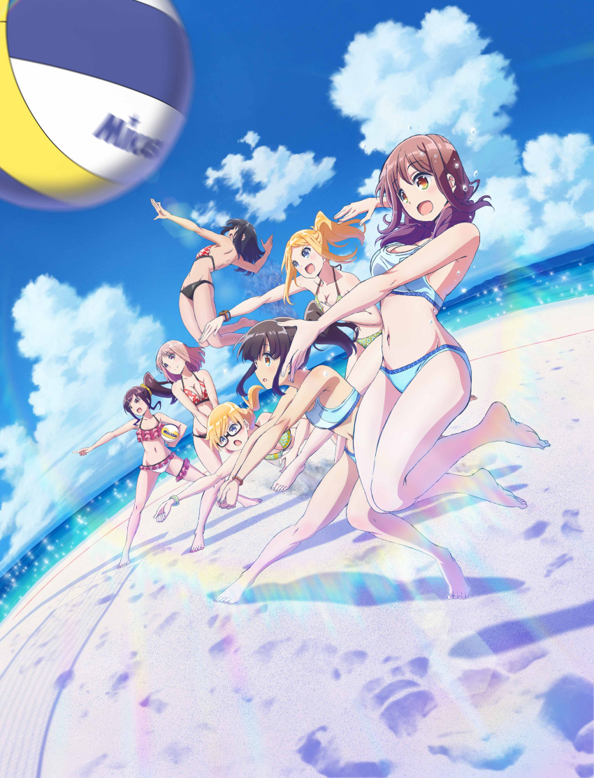 absurdres, beach, beach_volleyball, bikini, black_hair, blonde_hair, blue_eyes, breasts