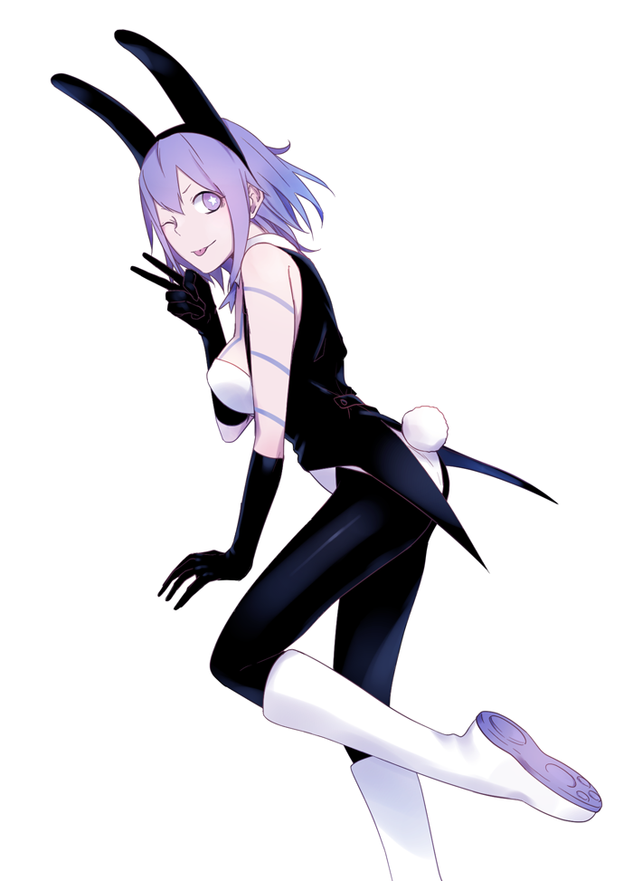 1girl, animal_ears, bunny_tail, devil_survivor_2, gloves, looking_at_viewer, megami_ibunroku_devil_survivor, purple_hair