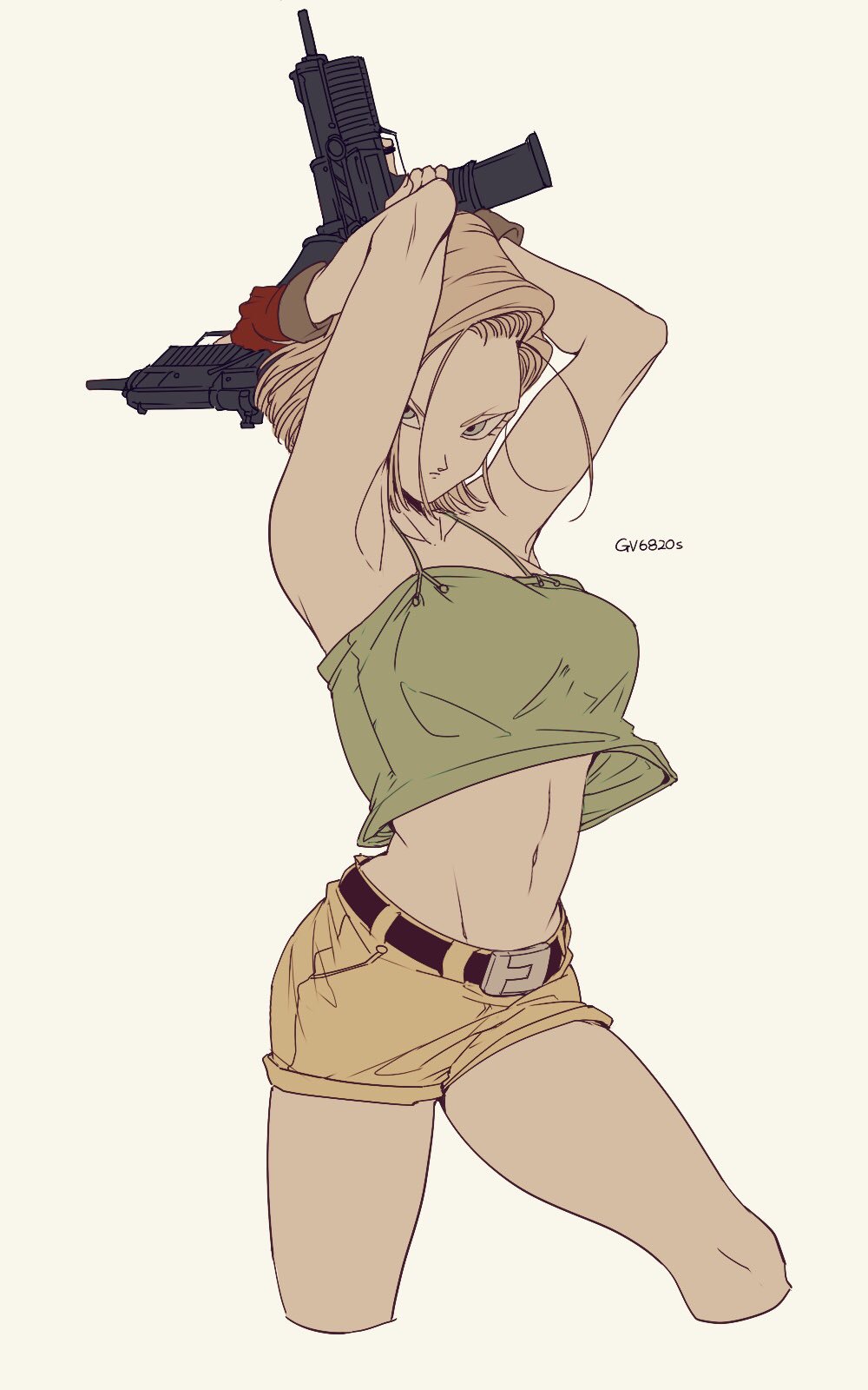 android_18, arms_up, artist_name, belt, breasts, cropped_legs, dragon_ball, dragonball_z