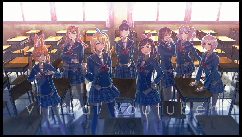 6+girls, a.i._channel, ahoge, animal_ears, aoi_ch., backlighting, black_hair, blonde_hair