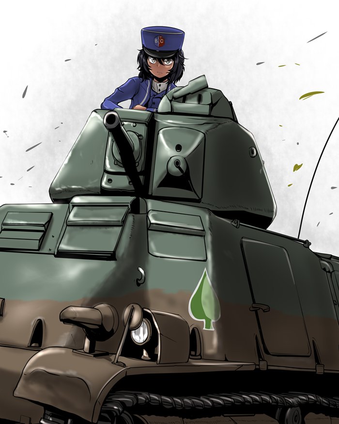 1girl, andou_(girls_und_panzer), bangs, bc_freedom_(emblem), bc_freedom_military_uniform, black_hair, blue_hat, blue_jacket