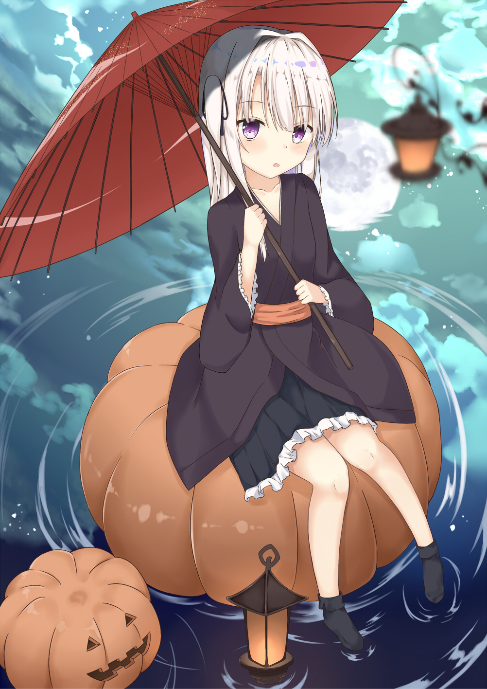 1girl, afloat_lantern, aroma0501, bangs, black_footwear, black_kimono, black_ribbon, black_skirt