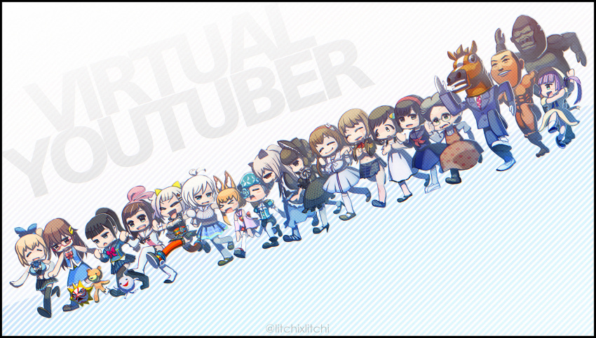 5boys, 6+girls, ahoge, animal_ears, aoi_ch., bacharu_(youtube), black_hair, blonde_hair