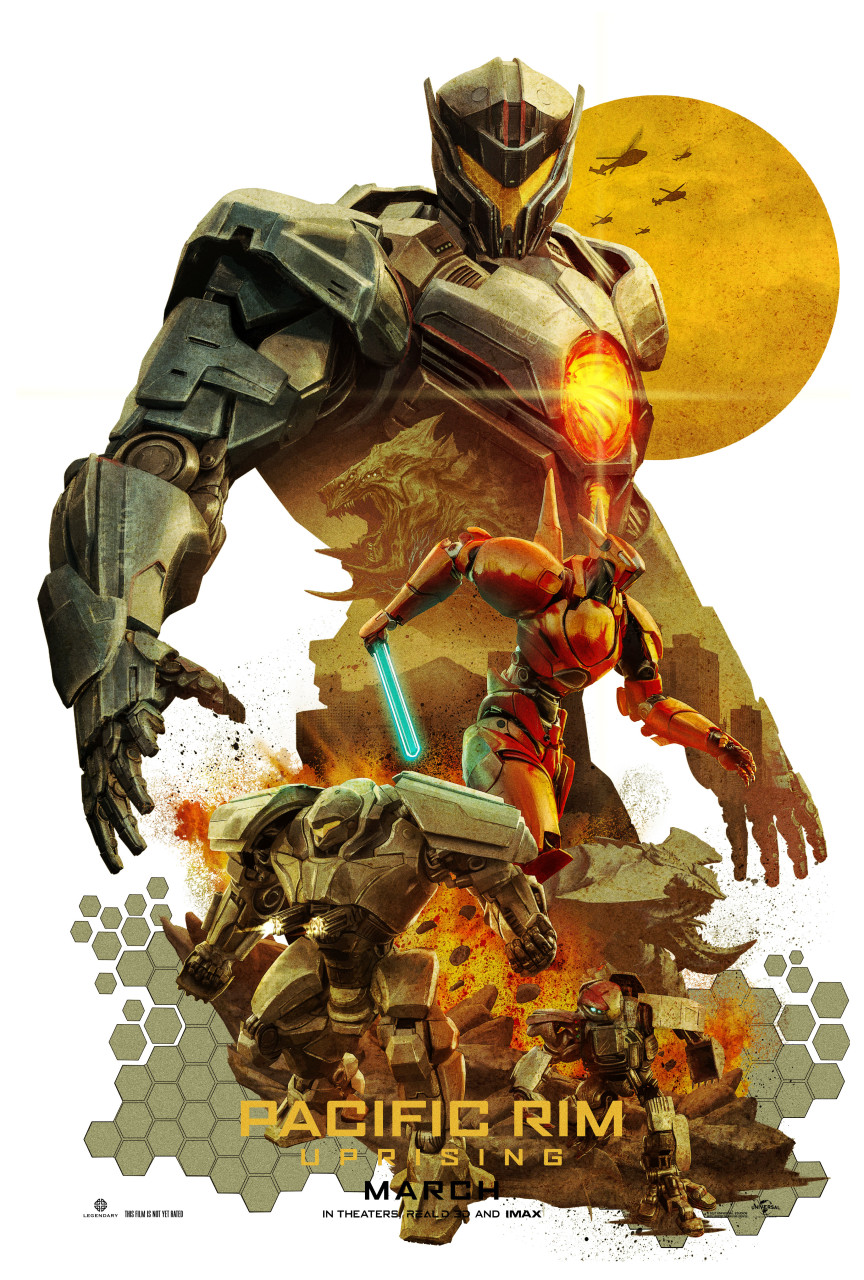 aircraft, beam_saber, building, carlos_dattoli, damaged, debris, dirty, energy_sword, explosion, fake_ad, fangs, fire, flying, gipsy_avenger, glowing, helicopter, highres, jaws, logo, machinery, mecha, monster, official_style, pacific_rim:_uprising, realistic, rubble, ruins, saber_athena, science_fiction, scrapper_(jaeger), sword, weapon