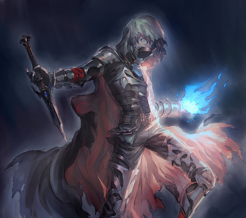 1boy, armor, belt, blue_fire, cape, chaos_ruler_(granblue_fantasy), dagger, fire, gauntlets, gran_(granblue_fantasy), granblue_fantasy, highres, hood, mask, nitou25, solo, weapon