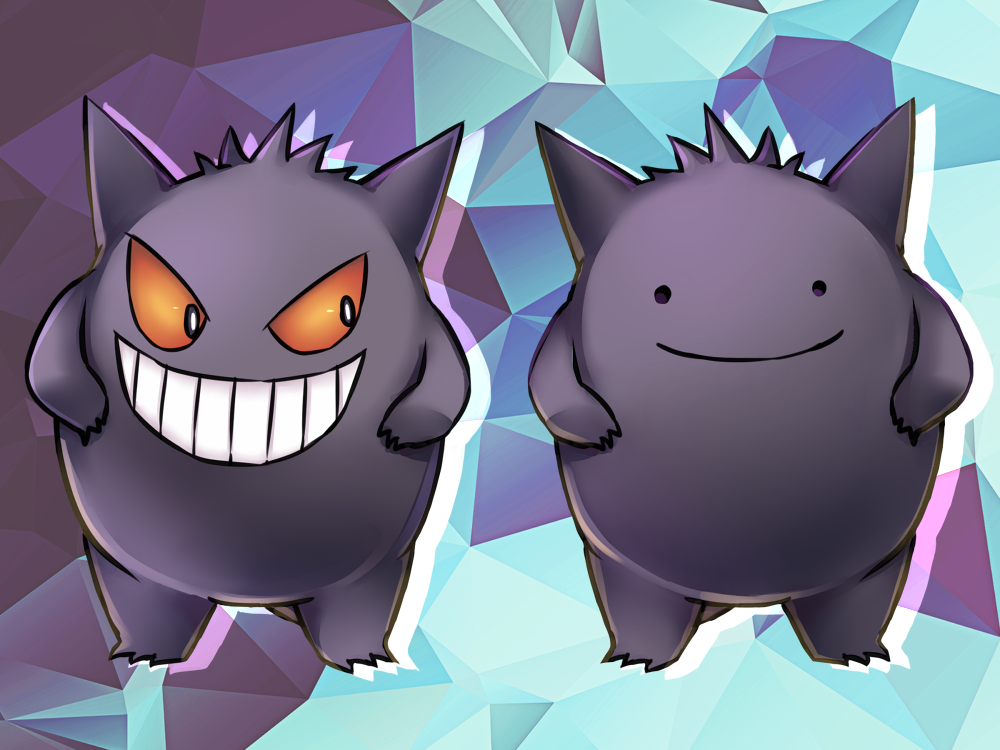 aqua_background, creature, ditto, evil_smile, full_body, gen_1_pokemon, gengar, ghost
