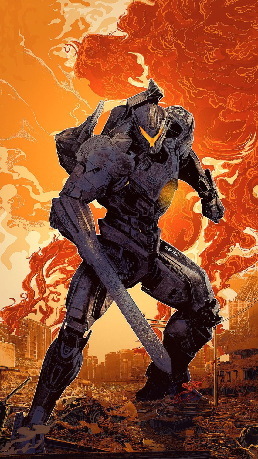 absurdres, arm_blade, blade, building, cityscape, damaged, dirty, dusk, fighting_stance, fire, gipsy_avenger, highres, mecha, pacific_rim, pacific_rim:_uprising, ruins, science_fiction, smoke, weapon, wreckage